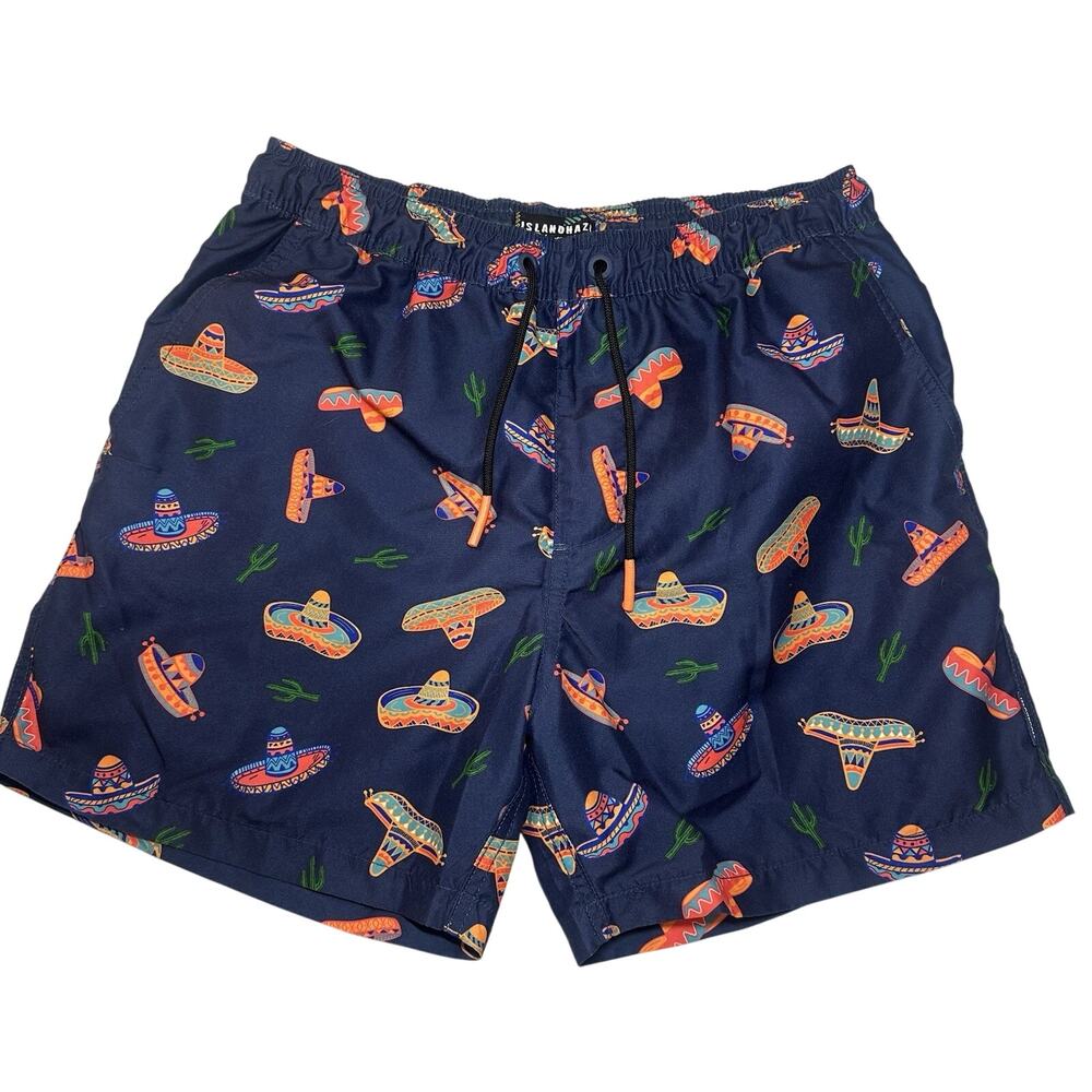 IslandHaze Poolparty Edition Swim Trunks Men’s L 34 Navy Sombrero Cactus Print